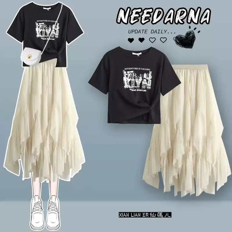 Spring/Summer Fresh Set Women's Korean Edition Loose Design Irregular T-shirt+Yarn Skirt Two Piece Set Trendy