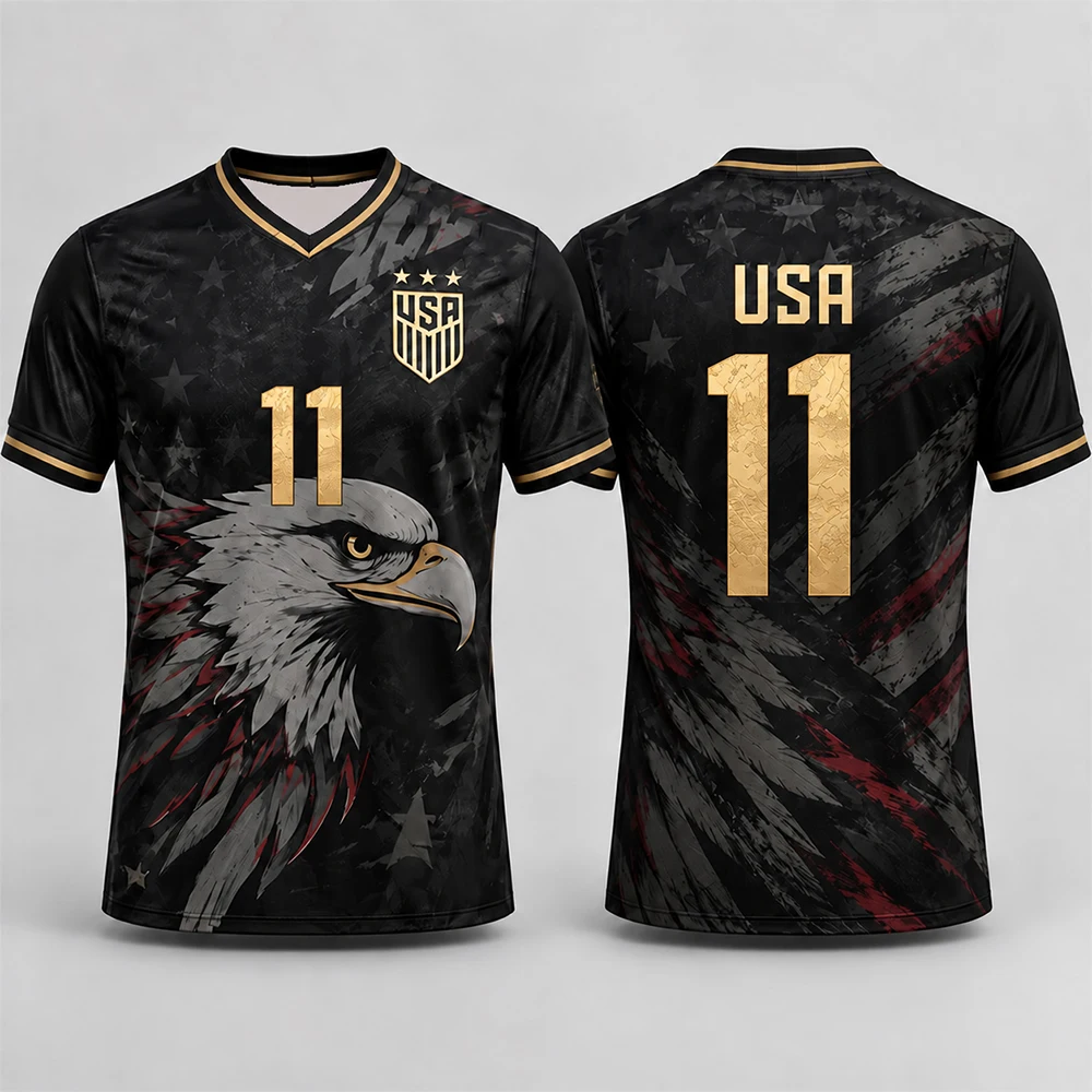 US team football jersey, bald eagle black gold star stripe print, fan training quick drying sport V-neck short sleeved shirt