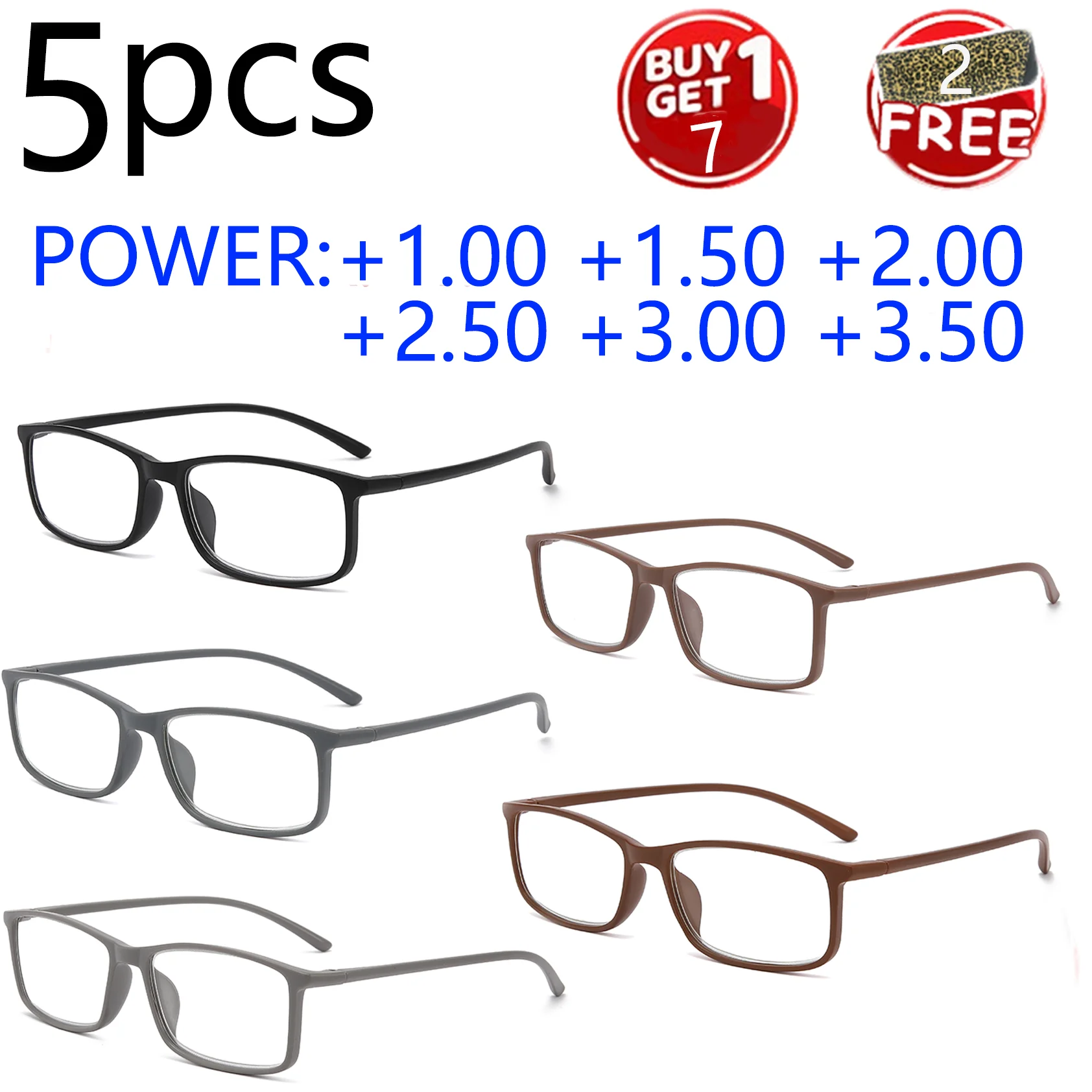 5PCS Simple Solid-Frame Reading Glasses Set, Ultra-Light Texture, Power: 1.00-3.50