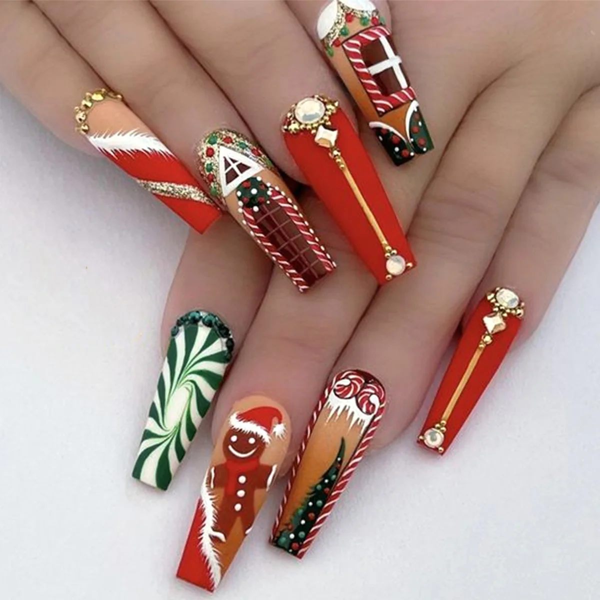 

24Pcs Long Ballet Christmas False Nail Wearable coffin With Red diamonds Design Fake Nail Full Set of Nail Tip Pressing on nails