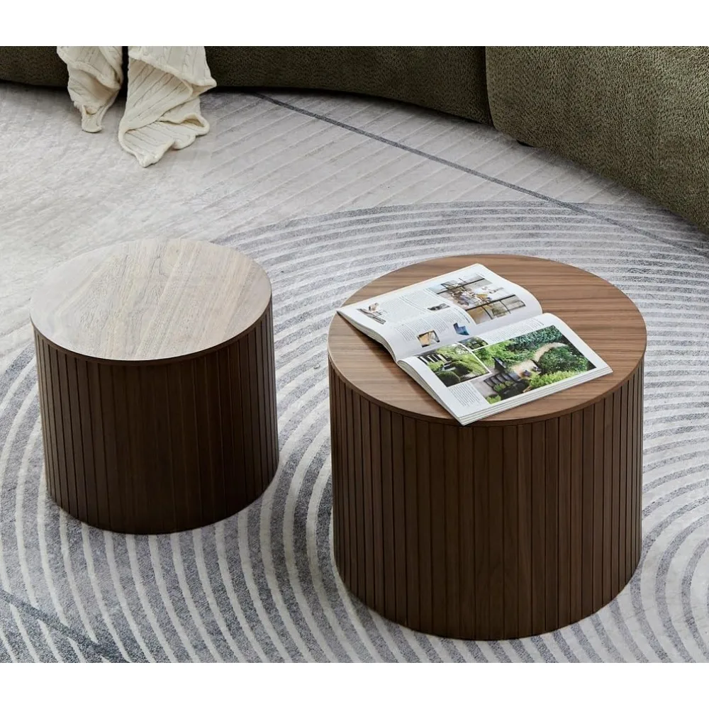 Set Meja Kopi Kayu Modern Bentuk Lingkaran dengan Penyimpanan untuk Ruang Tamu, Finishing Walnut (2 buah)