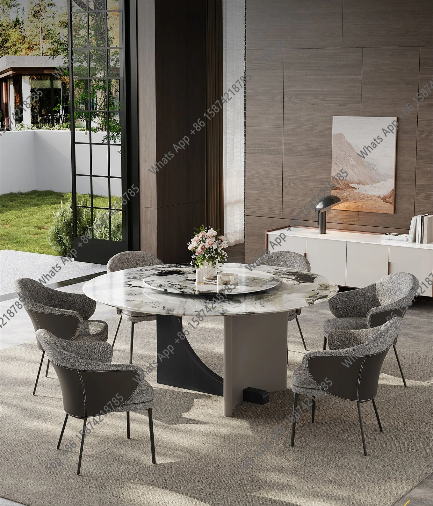 

Minimalist natural marble round dining table with turntable Modern simple luxury stone dining table Household dining table and c