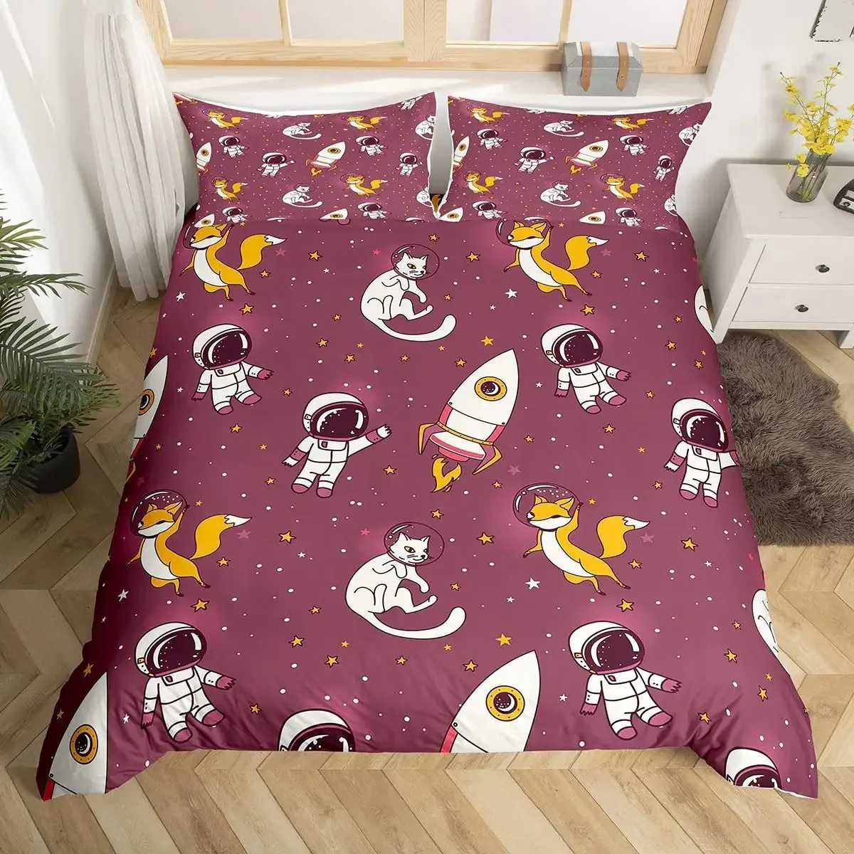 

Rocket Astronaut Space Theme Duvet Cover Set King Queen Full Size Polyester Comforter Cover For Kids Boys Girls Bedroom Decor