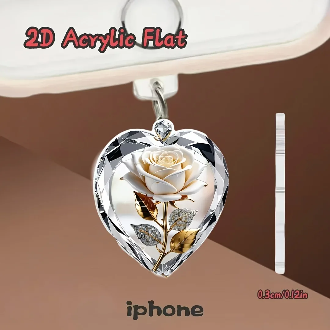 2d plana acrílico em forma de coração pingente poeira plug para iphone conector relâmpago e tipo-c conector oval telefone poeira plug pingente
