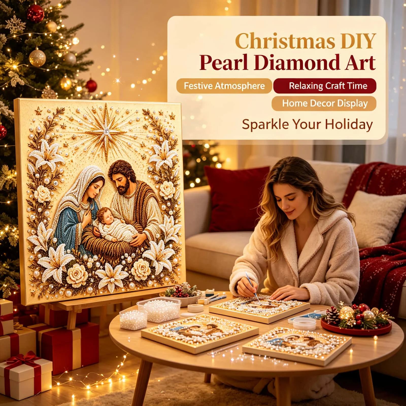 Dowmoo Christmas Pearl Diamond Painting Art Kit Nativity Scene Wood Nano Cloth Acrylic Stress Relief  Wall Decor Holiday Gift