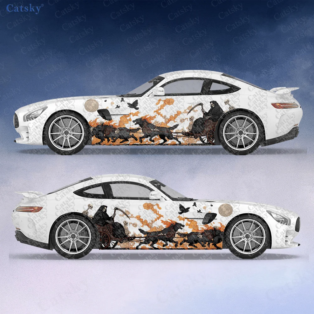 

2pcs Grim Reaper with Hell Chariot Car Side Decal | Self-Adhesive PVC Waterproof & Scratch-Resistant Sticker, Car Accessory Gift