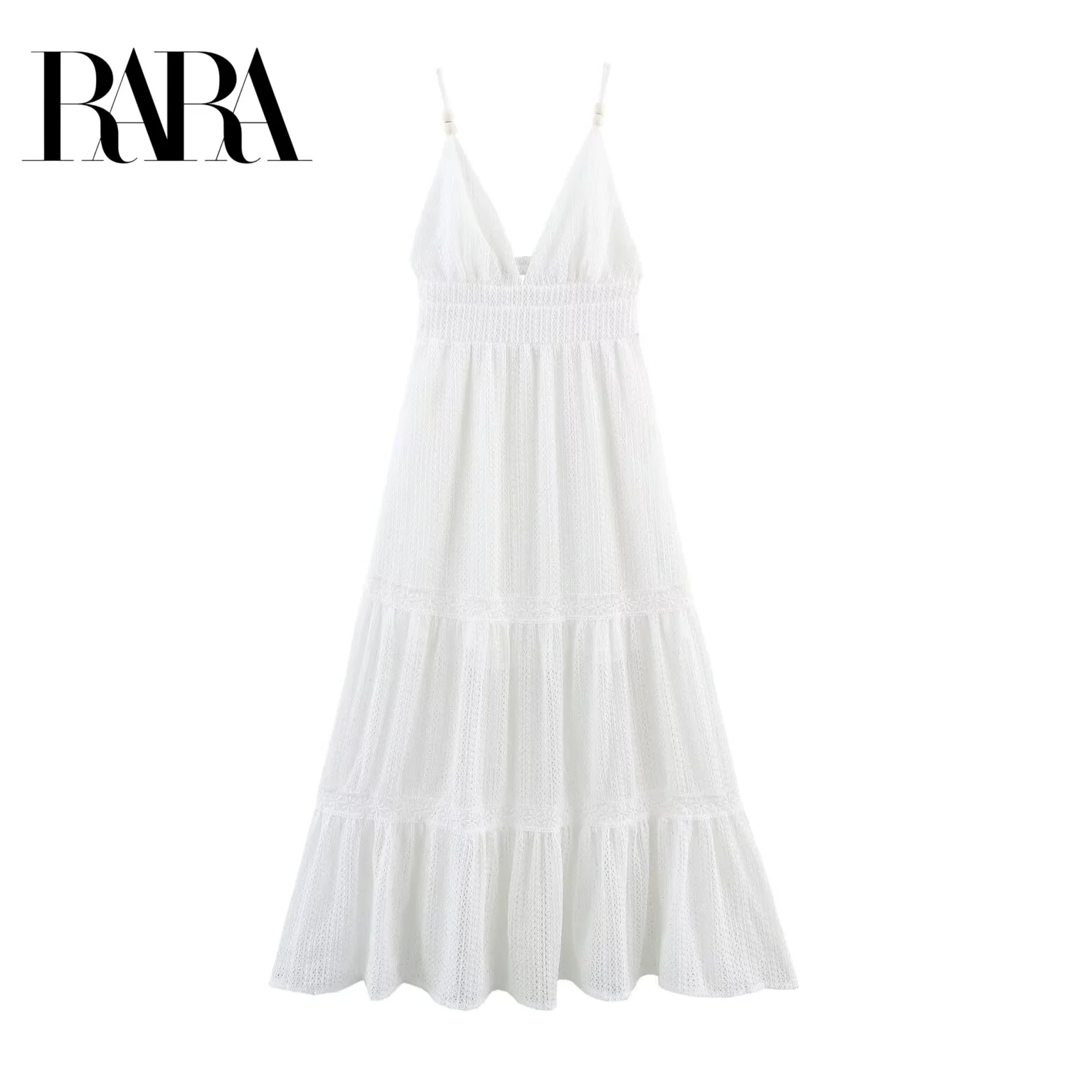 RARA 2025 Robe longue à plusieurs niveaux pour femme, bretelles spaghetti, col en V profond, taille smockée, pour l'été et la plage