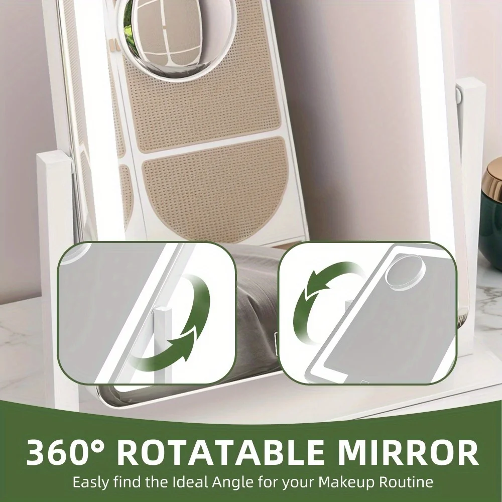 Espelho de maquiagem LED inteligente com 360 °   Rotação, ampliação 10X e 3 modos de luz, espelho de vaidade com controle de toque para maquiagem de precisão