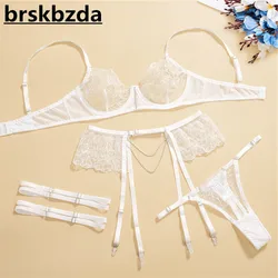 Brskbzda White 3-Piece Lace Bra Sets Women Luxury With Chain Sexy Lingerie Set High Grade Ladies Transparent Underwear Set New