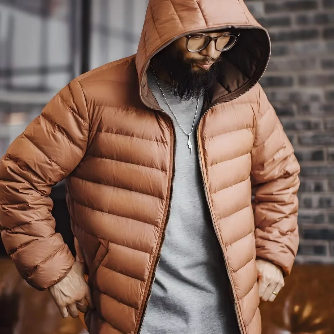 Maden Men's Winter Hooded Down Jacket Lightweight Hydrophobic White Duck Down Filling Warm Inner Layer Coat for Fall Winter