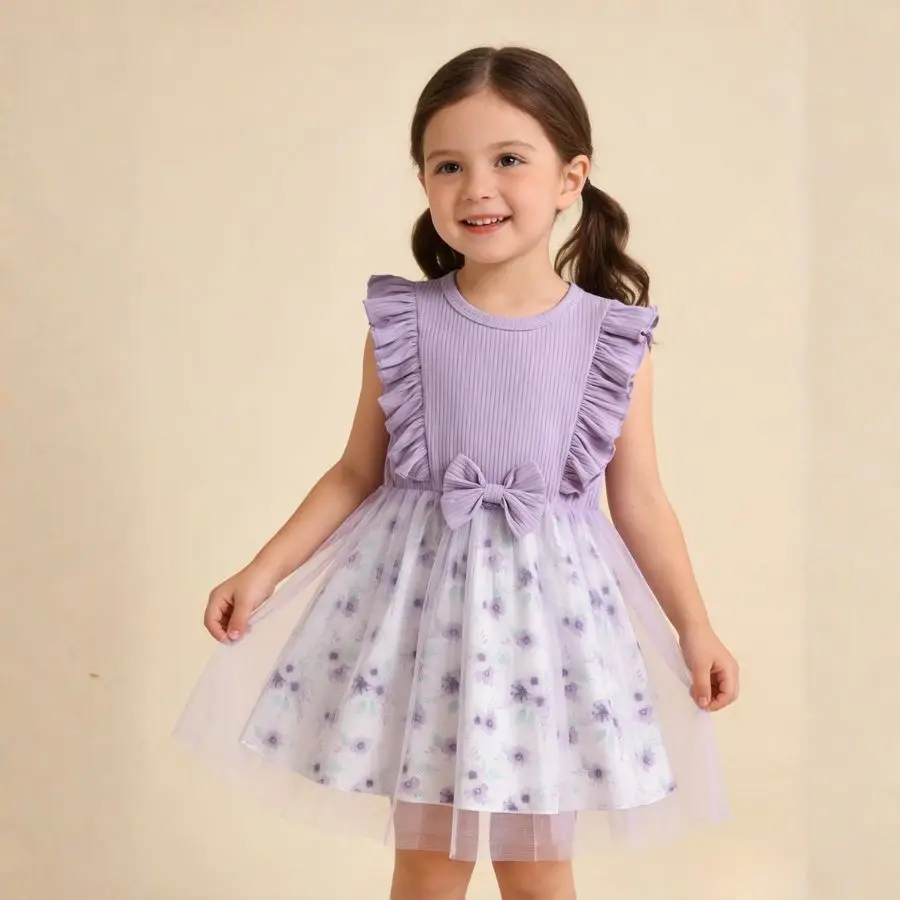 Kleinkind Mädchen Lila Blumen-Tüllkleid mit Rüschenärmeln und Schleife Kinder Prinzessinnen-Partykleid Freizeitkleid