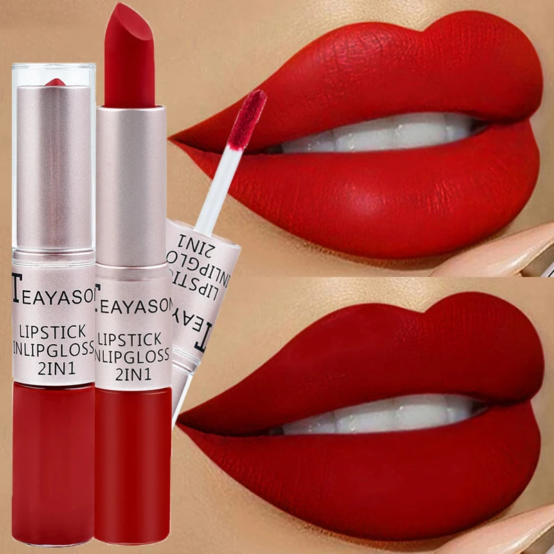 1 lápiz labial mate de terciopelo de larga duración, brillo de labios de doble cabeza, taza antiadherente, brillo de labios resistente al agua 2 en 1, maquillaje de lápiz labial rojo mate