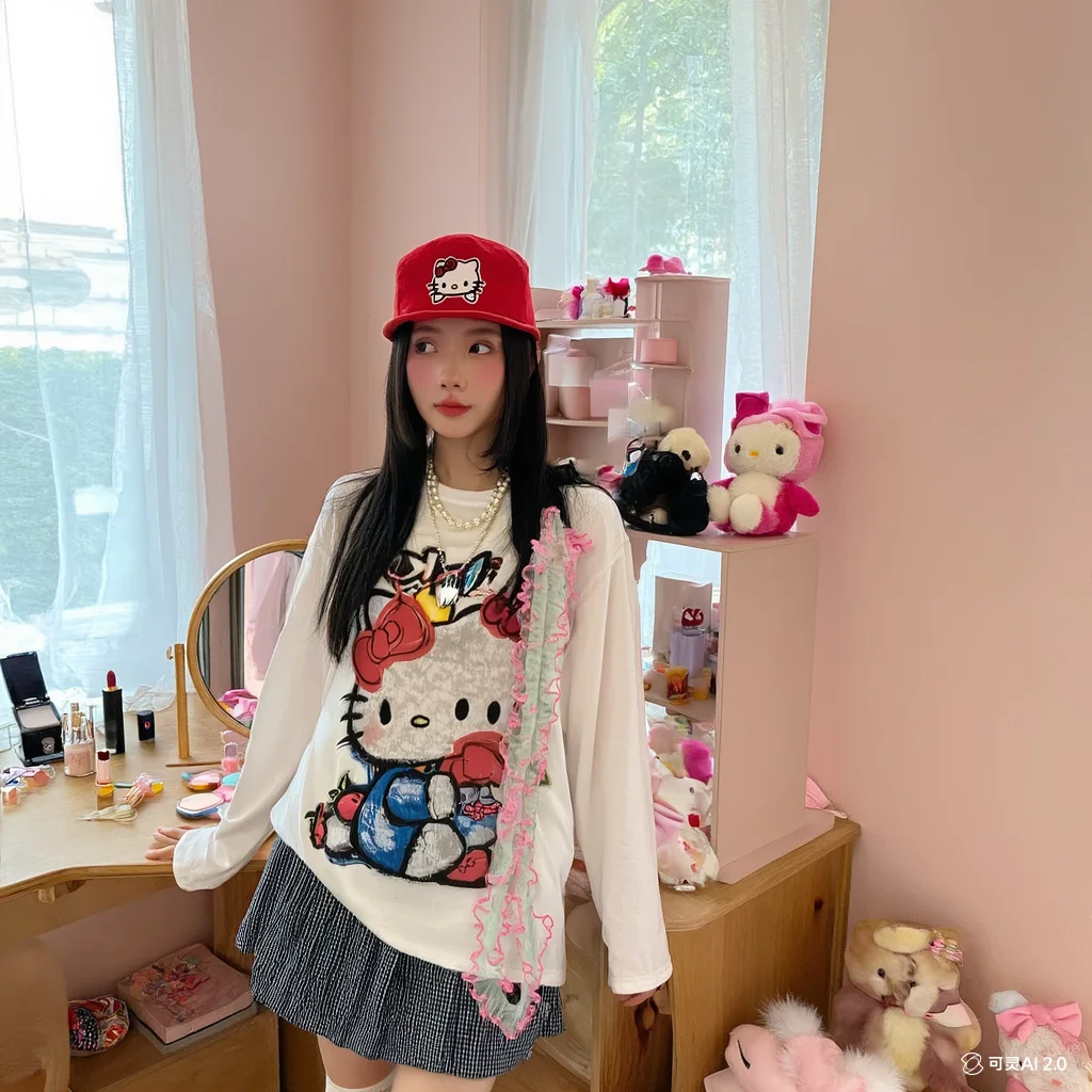 

Kawaii корейская версия, свободная весенне-осенняя футболка с тонким принтом Hello Kittys, свободная футболка с длинными рукавами, свежая милая милая девушка
