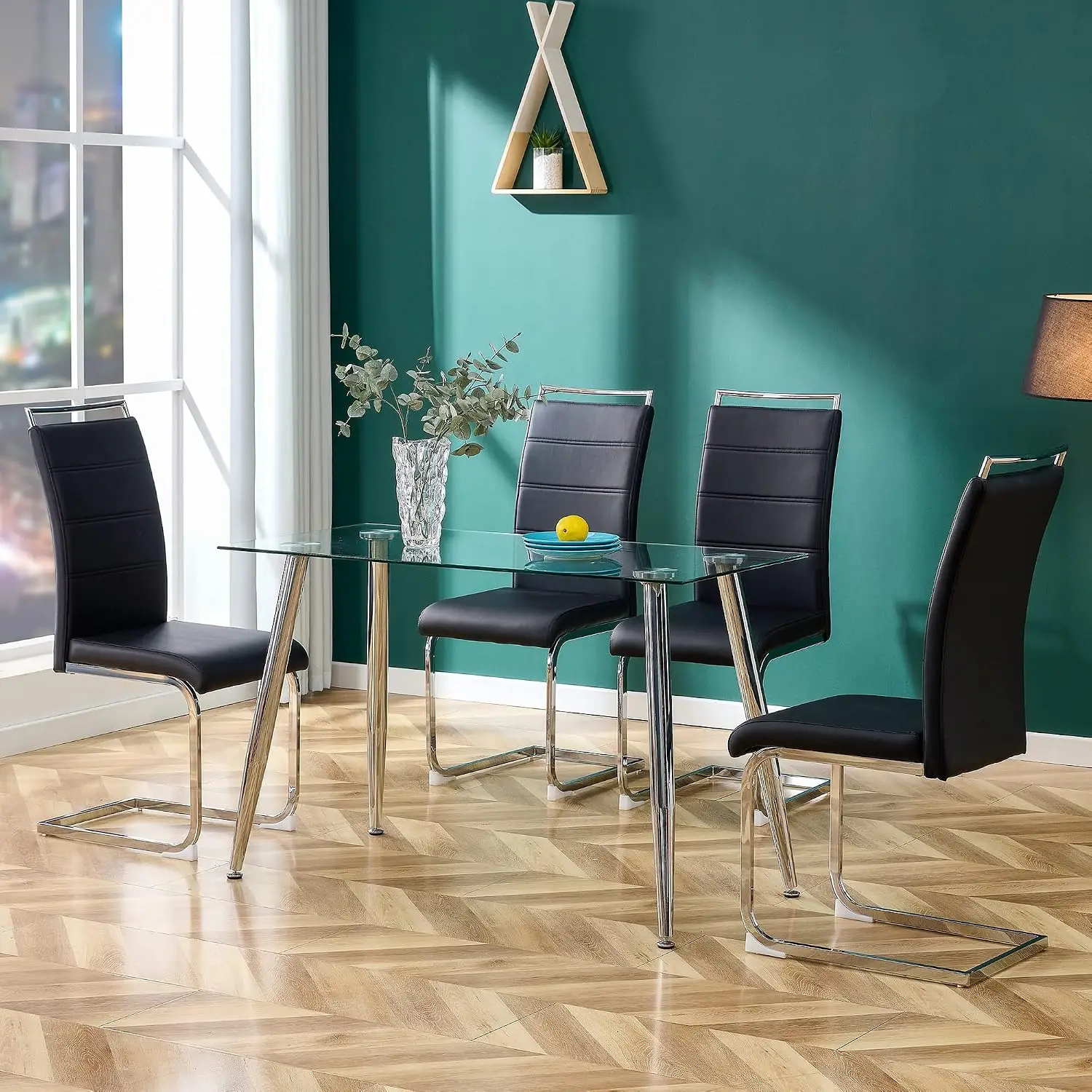 Dining Chair Set of 8 PU Leather High Back Upholstered Stripe Backrest Kitchen Living Room Black Silver Leg, Customized