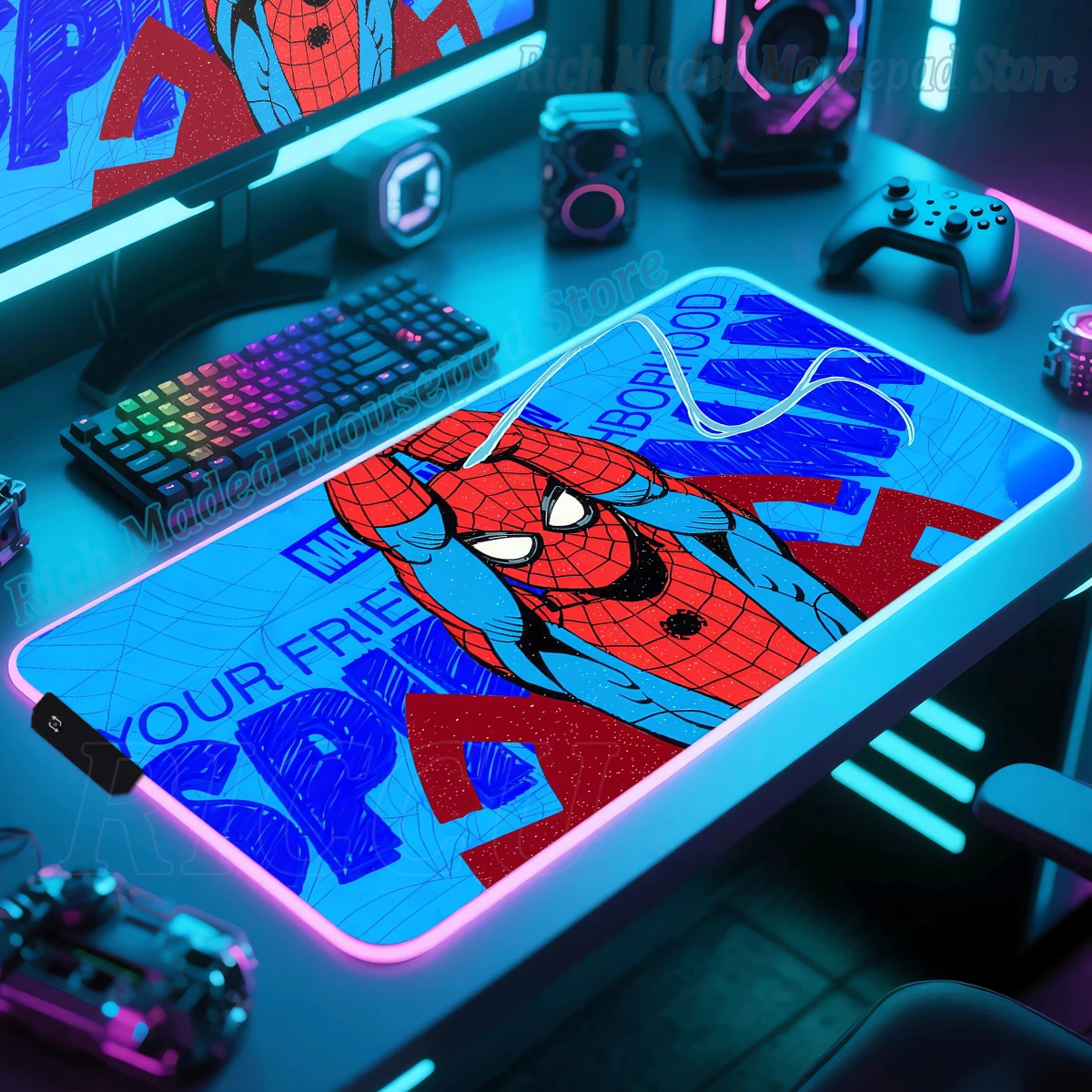 

Большой коврик для мыши RGB Gamer Marvel, нескользящий резиновый коврик для мыши «Человек-паук», игровые аксессуары, XXL HD клавиатура для ПК, удлиненный светодиодный настольный коврик