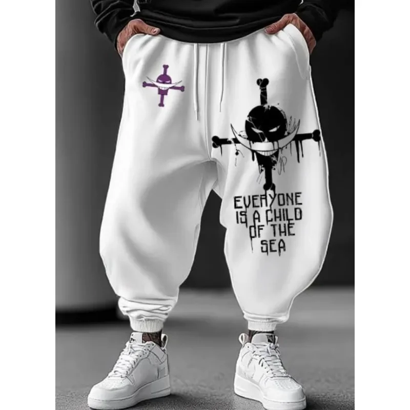 

ONE PIECE, мужские новые популярные повседневные брюки 2025 года, уличная одежда для совместной работы, соломенная шляпа с принтом черепа, брюки-шаровары с манжетами, повседневные