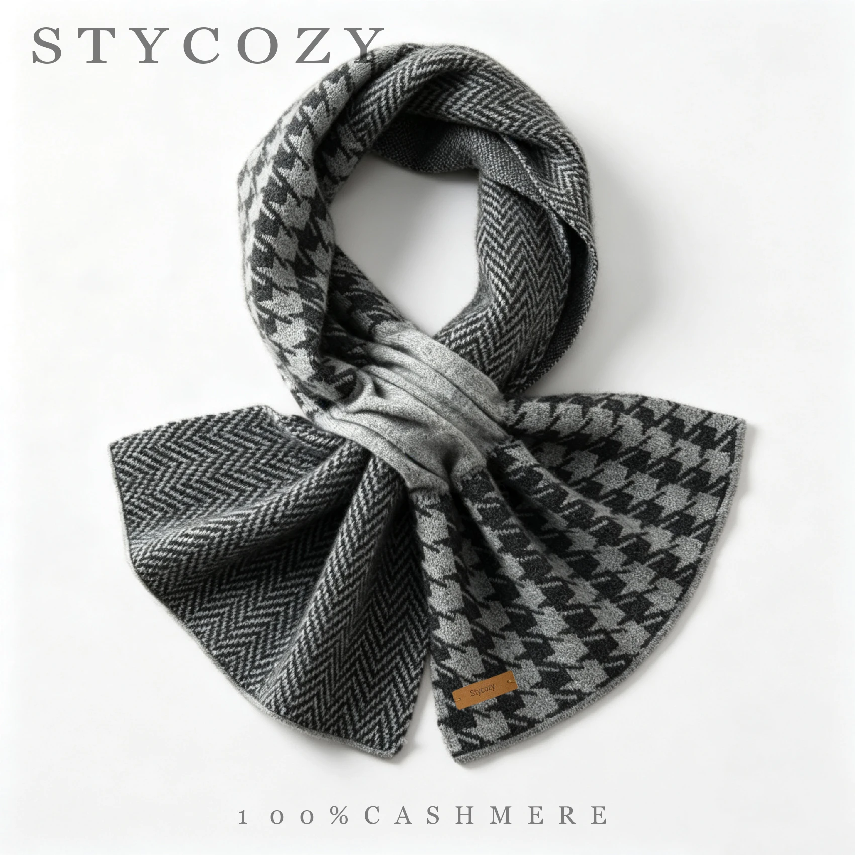 Ladies 100%Pure Cashmere Knitted Scarf Reversible Houndstooth Pattern Patchwork Neck Warmer Winter Outdoor Warm Neck Wrap Women