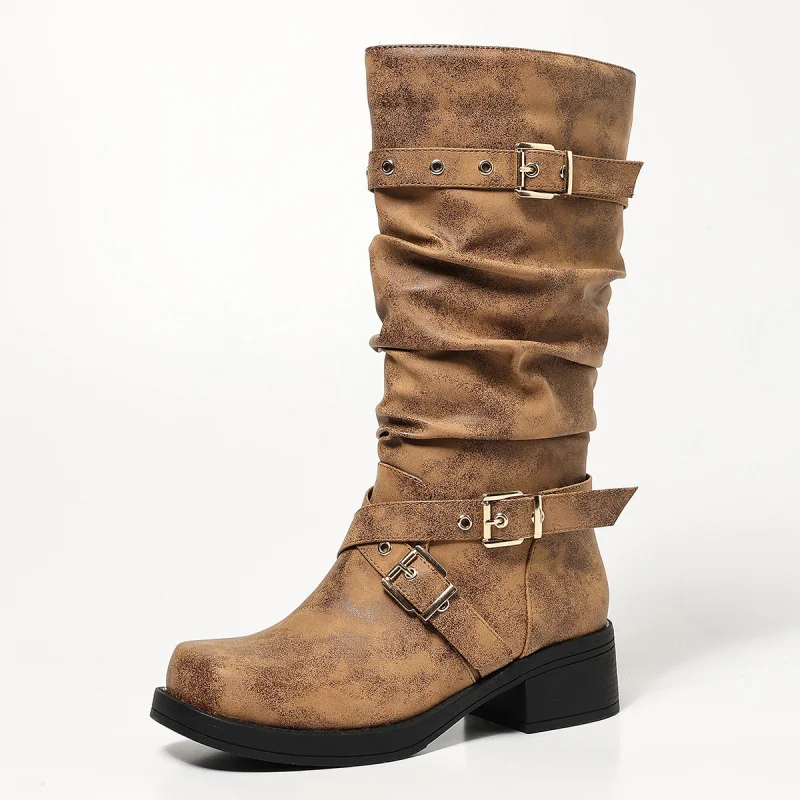Retro Women's Mid Calf Boots For Woman Belt Buckle Women's Autumn Shoes 2026 New Trend Slip On Platform Boots Woman Heel Fashion