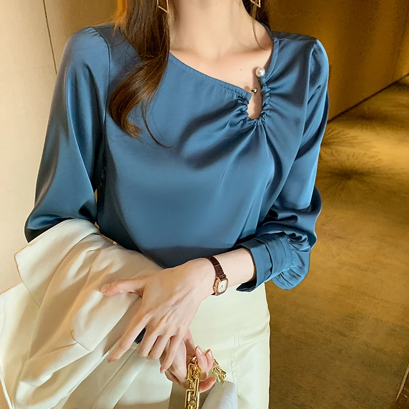 

Women's Fashion Blouses Embroidered Flares Long Sleeve Shirt Women Solid Skew Collar Elegant Ladies Tops Basic OL Woman Clothing