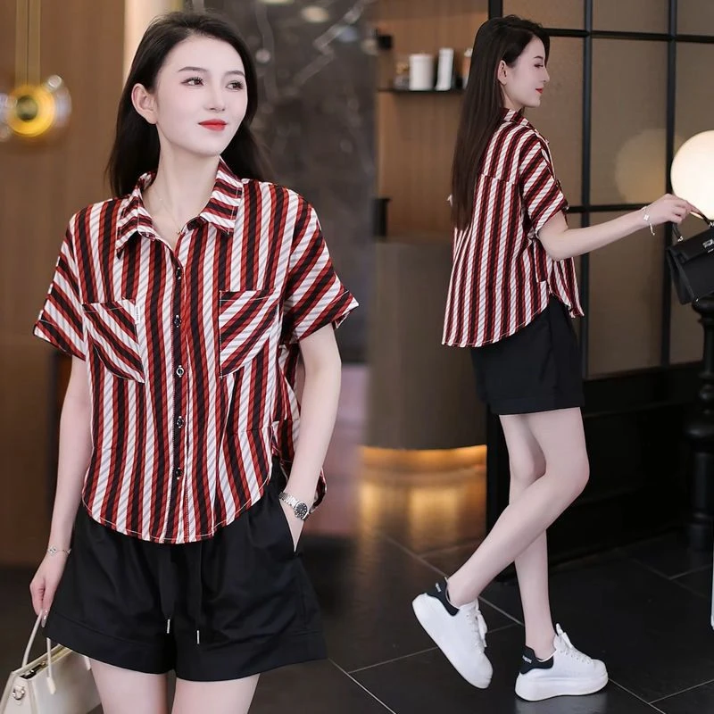 Summer Slimming Ice Silk Loose Striped Women's Shirt Fashionable Trendy Belly Covering Casual Style Short Sleeve T-Shirt