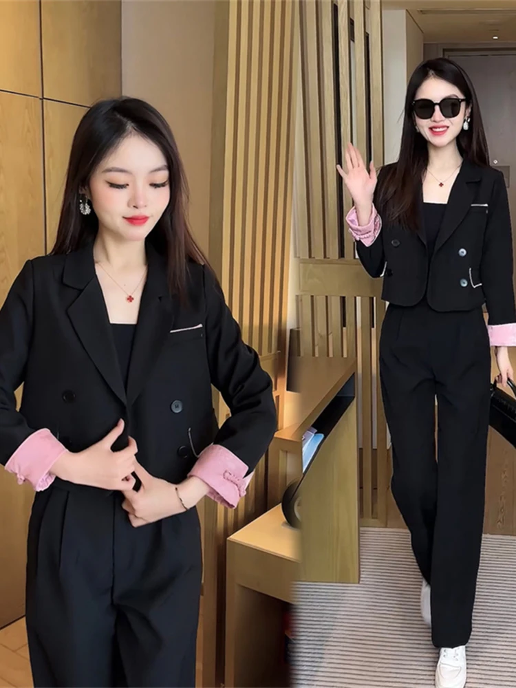 Woman's Spring Plus Size Retro Casual Blazer Wide-leg Pants Suit Commuter Solid Color Loose Pocket Blazer Trousers Two-piece Set