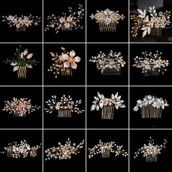 Golden Fashion Handmade Crystal Pearl Flower Hair Comb Luxury Metal Side Hair Clips Bridal Plate Hair Headdress Jewellery