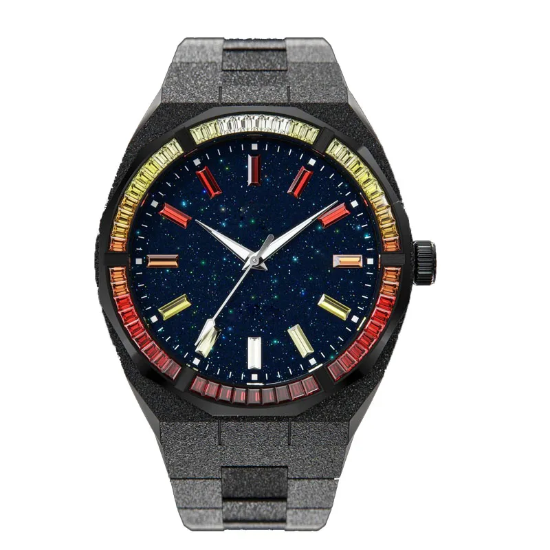 Imagem -06 - Azul Cristal Moldura 5atm Impermeável Bling Dial Fosco Estrela Poeira Arco-íris Relógio para Homens 42 mm Preto