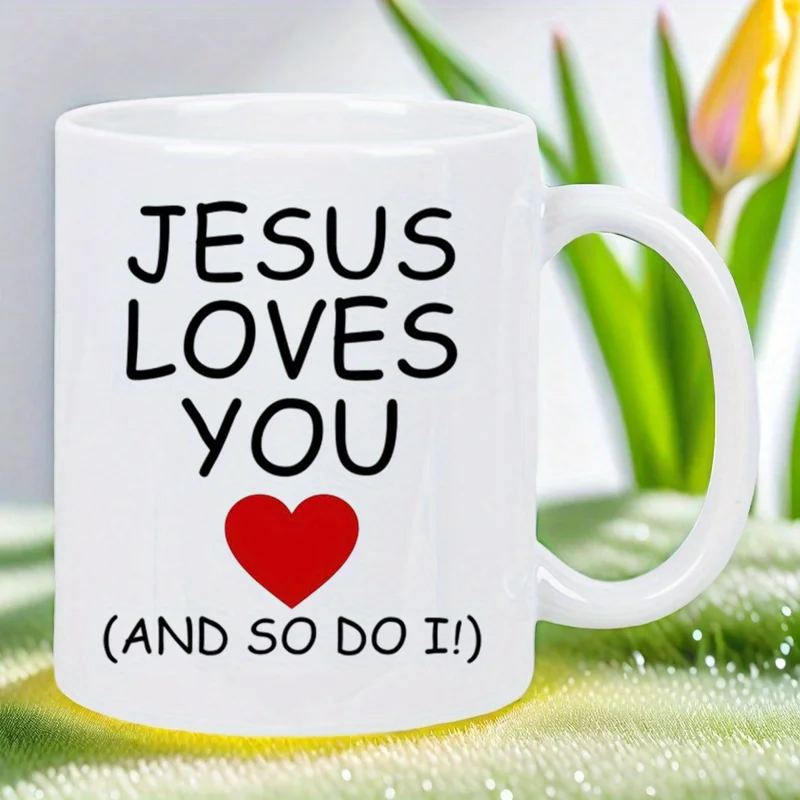 

Jesus Loves You" Inspirational Ceramic White Mug with Red Heart Design - Hand Wash Only, Reusable - Perfect for Home, Office, or