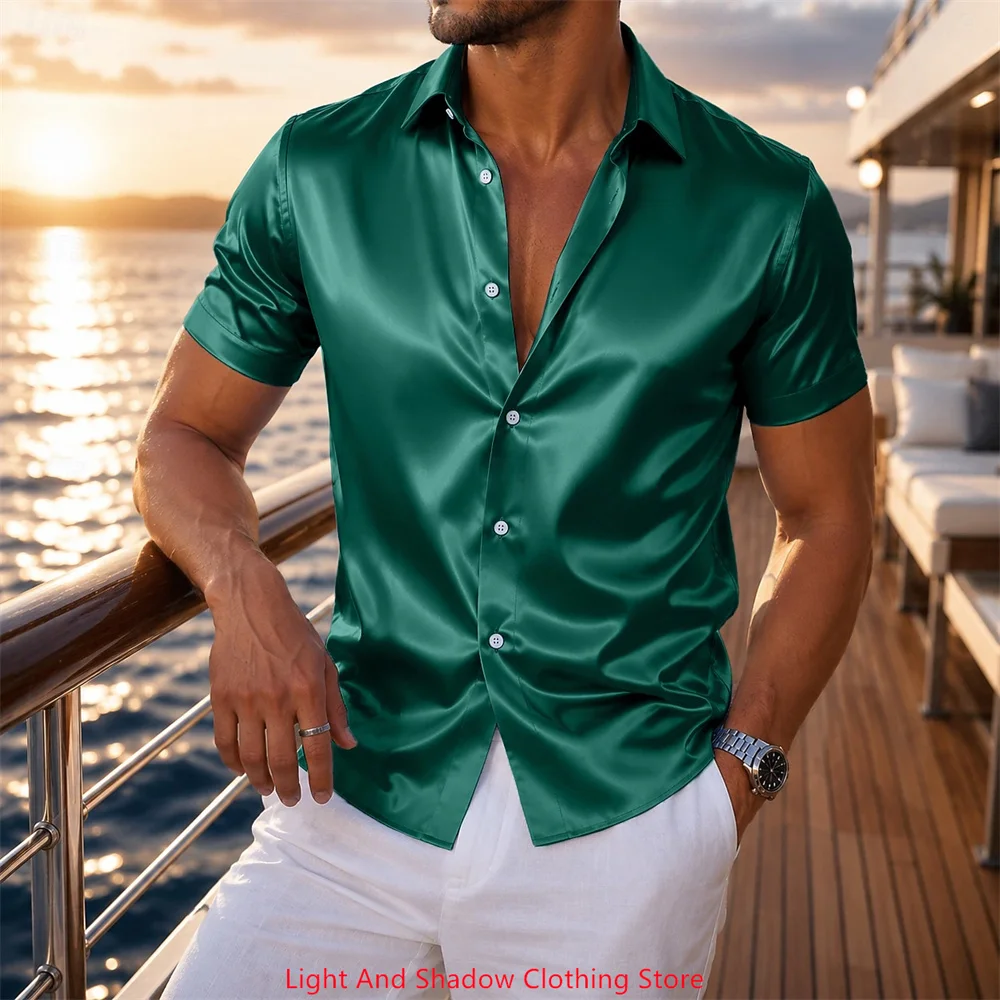 Men's Satin Short Sleeved Shirt Luxurious Gloss Formal Button Up Shirt Summer Casual Party Wedding Dress Shirt Men's Daily Wear