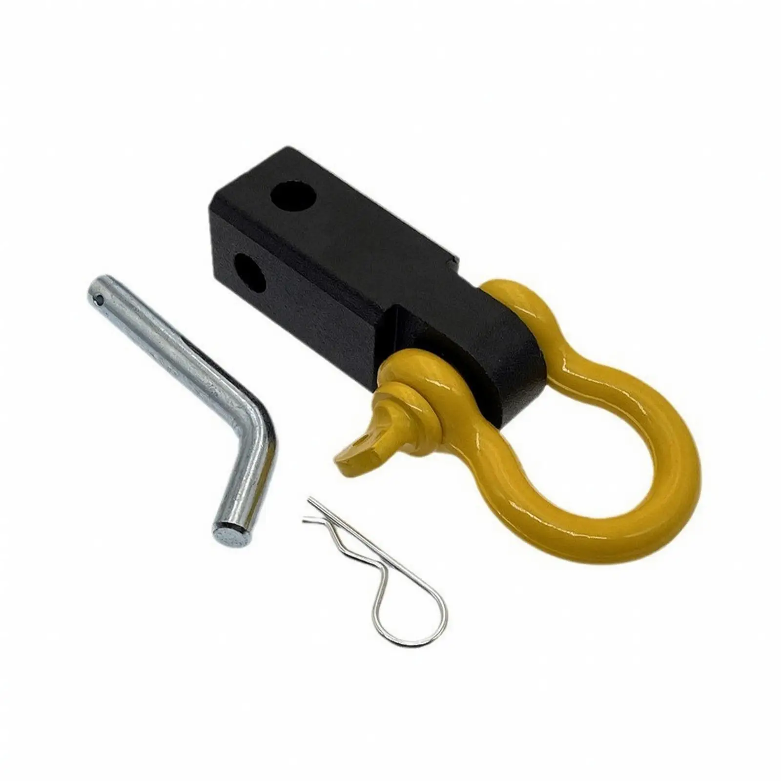 Black Steel Trailer Hitch Mount Connector with Yellow Clevis Shackle for SUV Truck Towing and Recovery Use