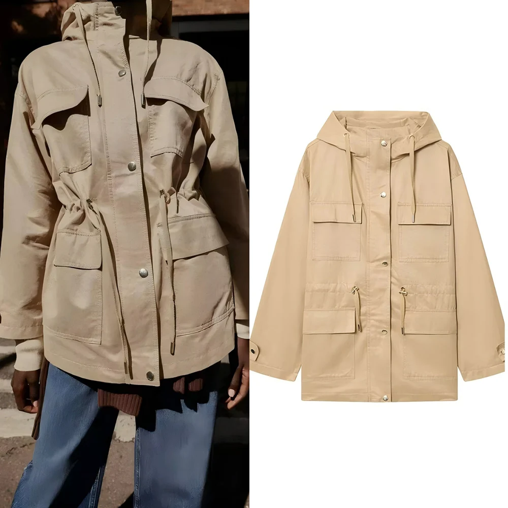 

Женское пальто с несколькими карманами, новинка 2025, свободное однобортное пальто с капюшоном, женское пальто с длинными рукавами в стиле ретро, шикарный топ