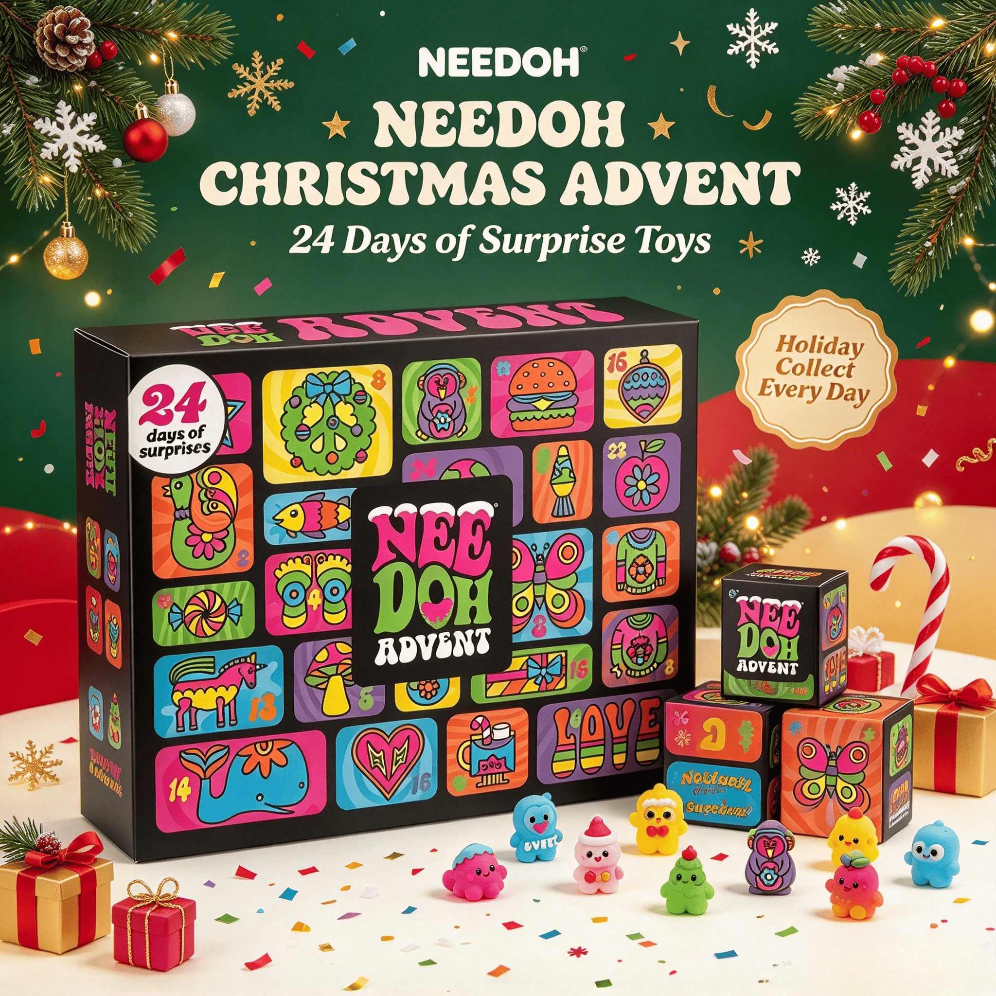 NeeDoh 2026 Christmas Advent Calendar 24 Day Countdown Surprise Box 3D PVC Fidget Doll Stress Relief Squeeze Toy