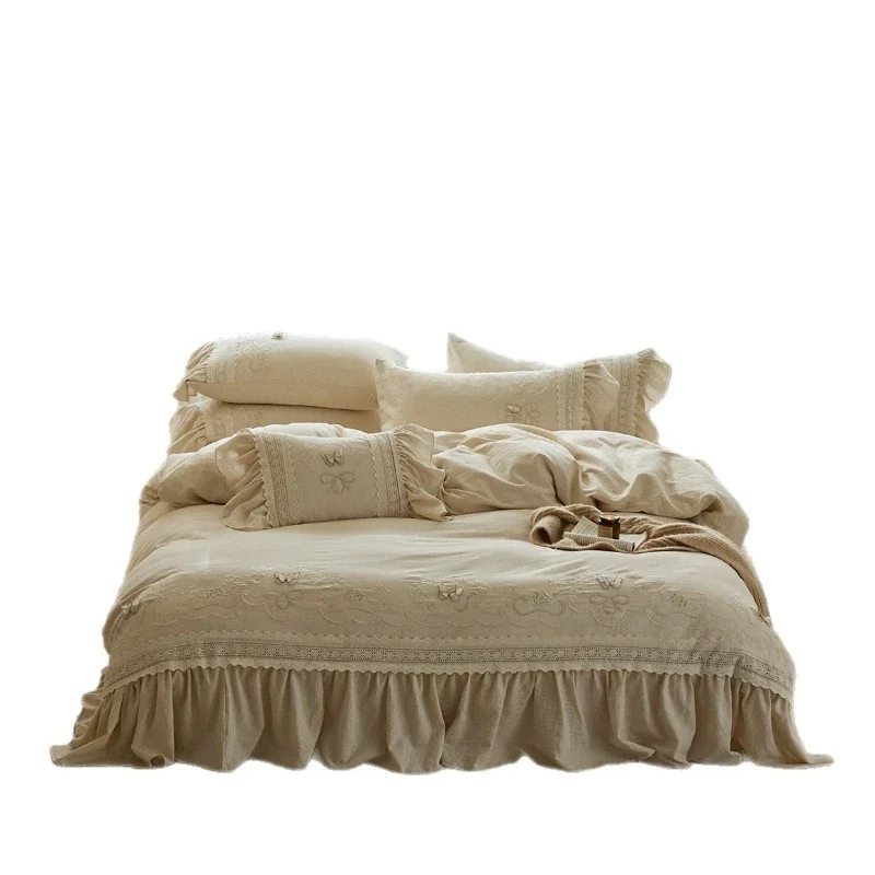 French natural color undyed cotton and linen embroidery handmade flower girl heart lace bedding four-piece four-season bedding