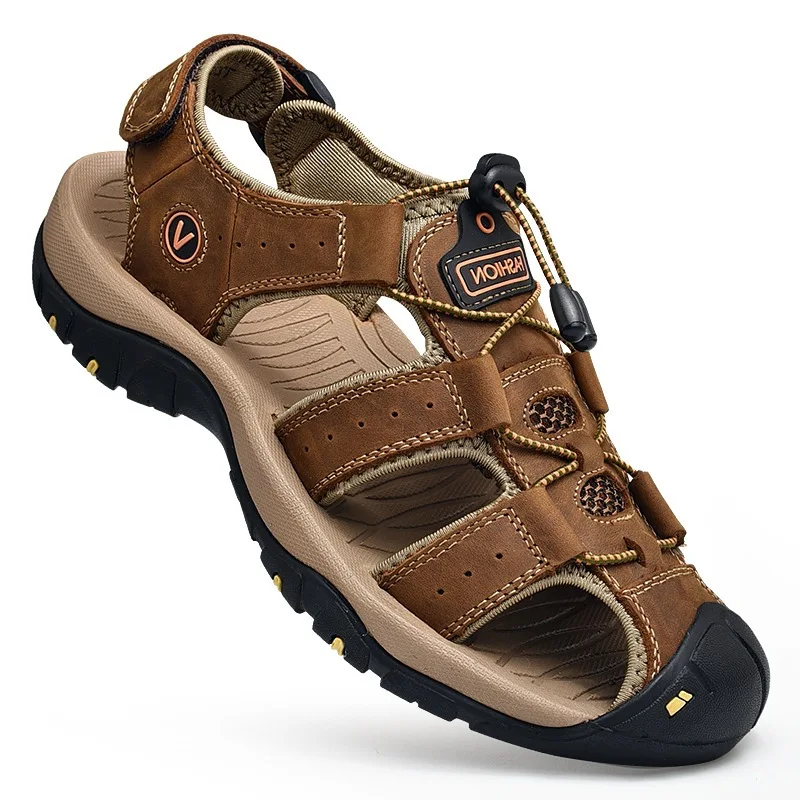 Sandalias de piel de vaca para las cuatro estaciones, zapatos de viaje al aire libre transpirables huecos de talla grande, transpirables, ligeros y sueltos