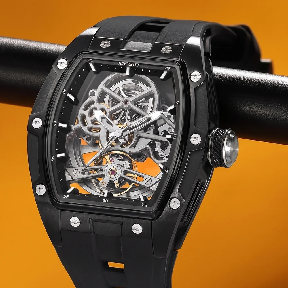 MEGIR Men Tonneau Skeleton Automatic Mechanical Watch Hollow Dial Silicone Strap Waterproof Luminous Sport Wristwatch