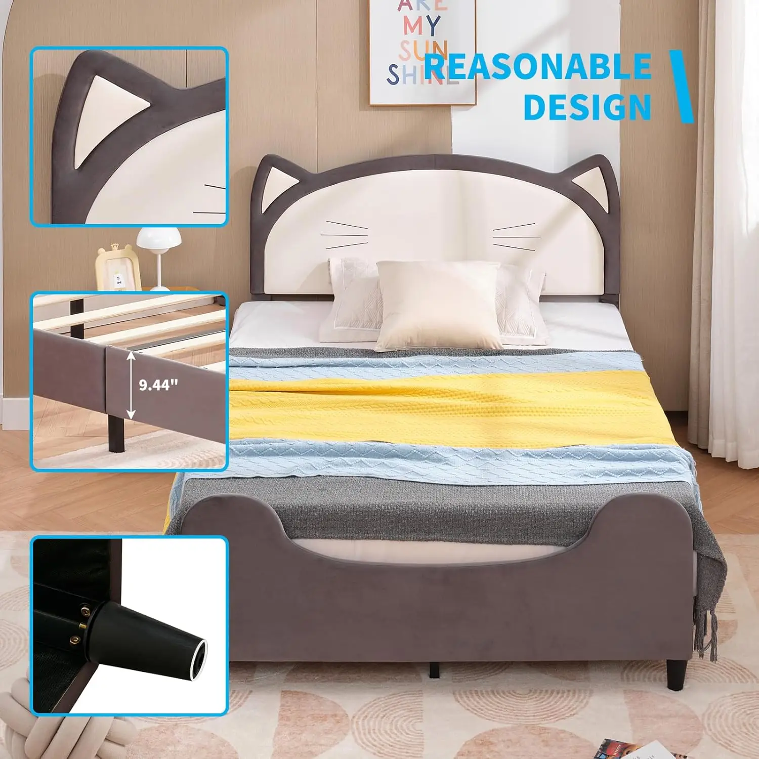 Mjkone-Marco de cama doble para niños, cama para niños con cabecero tapizado y reposapiés, cama Linda única, estilo de oreja de gato para Niños, Niñas