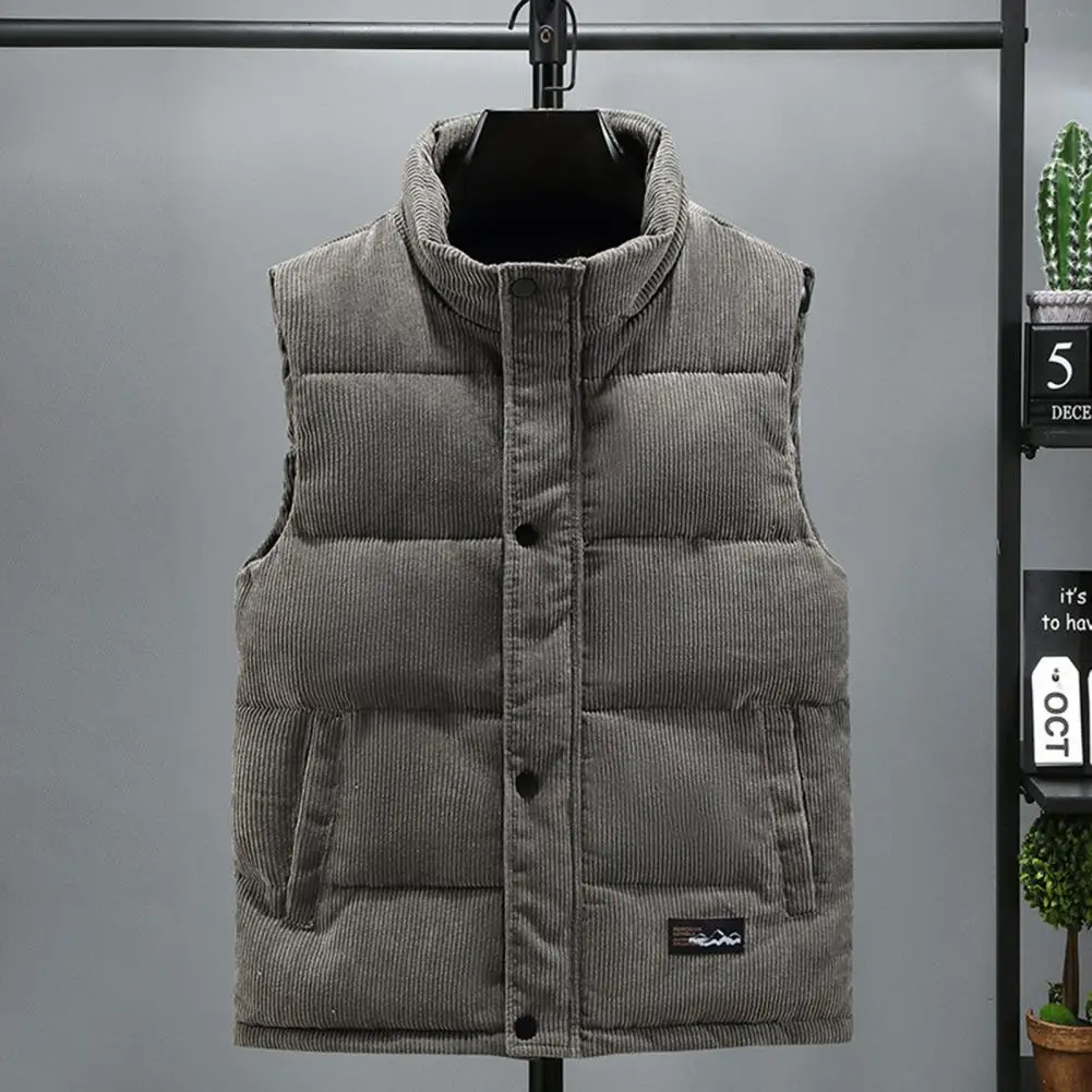 Men Outdoor Vest Men Sleeveless Jacket Thickened Padded Men's Winter Vest Coat with Stand Collar Windproof Warm Featuring