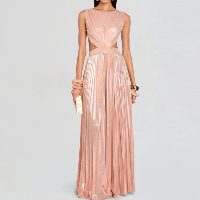 Sexy Hollow Out Backless Swing Beach Dress Spring Summer Sleeveless Solid Party Dress Women O-neck High Waist Pleated Long Dress