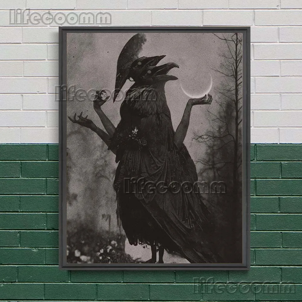 Lady Crow,Hell Demon,Baphomet,Vintage Wall Art  Canvas Painting Abstract Black Magic And Wiccan Art Poster Print Home Decoration