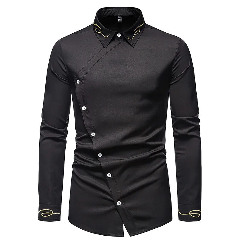 Camisa con botón oblicuo Irregular para hombre, ropa informal de manga larga, ajustada, talla grande