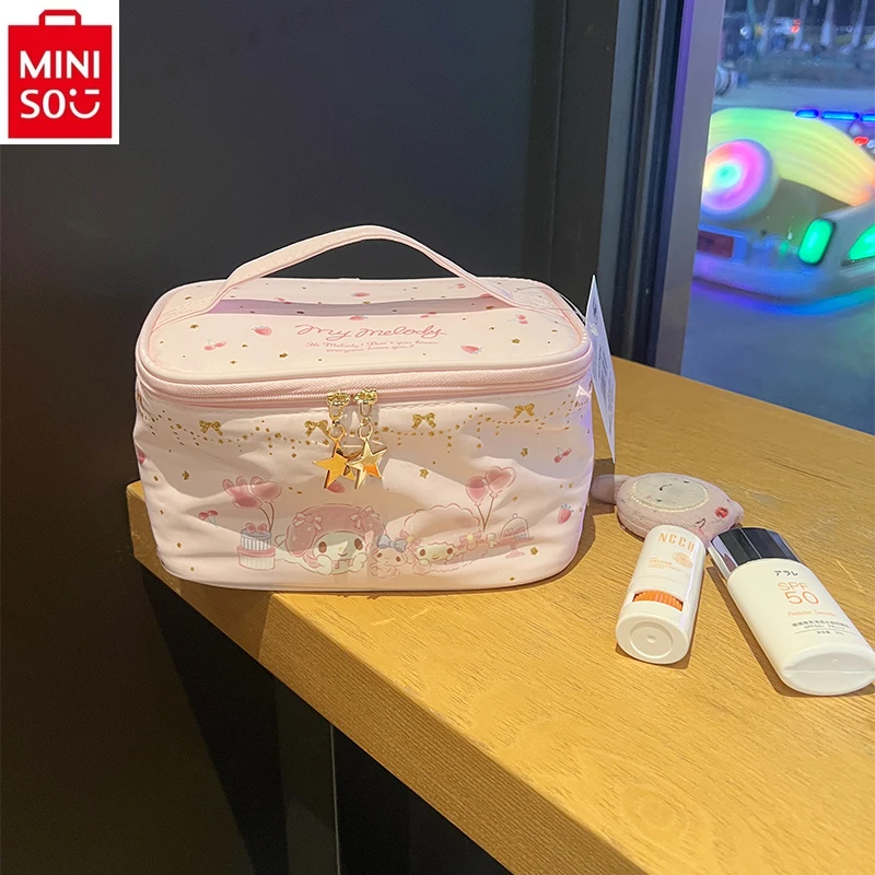 MINISO 2024 New Cute Cartoon Kuromi Portable Large Capacity Portable Makeup Case Women's Sweet Multi functional Storage Bag