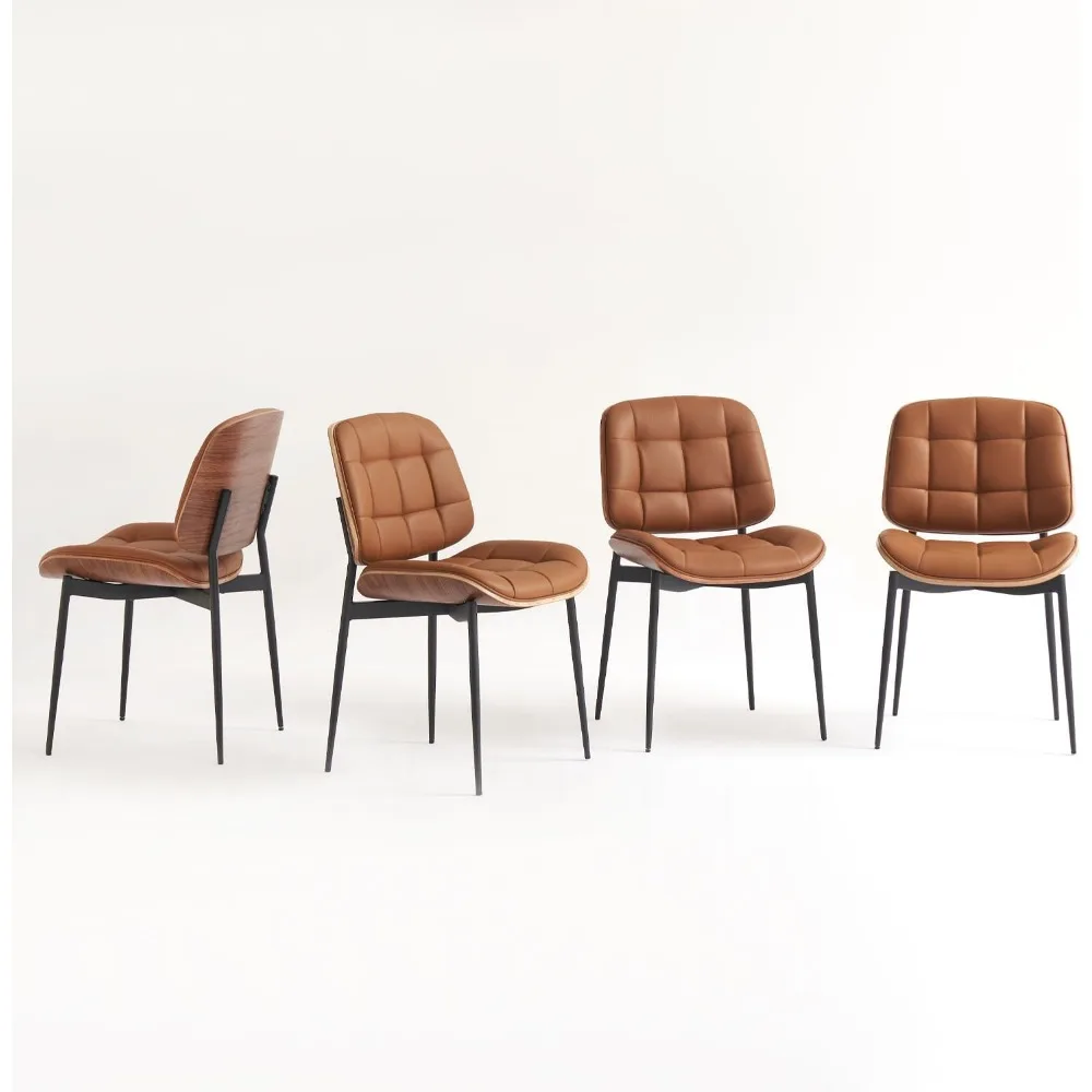 Mid Century Modern Dining Chairs with Walnut Grain Back, Brown Faux Leather Dining Room Chairs Set of 4