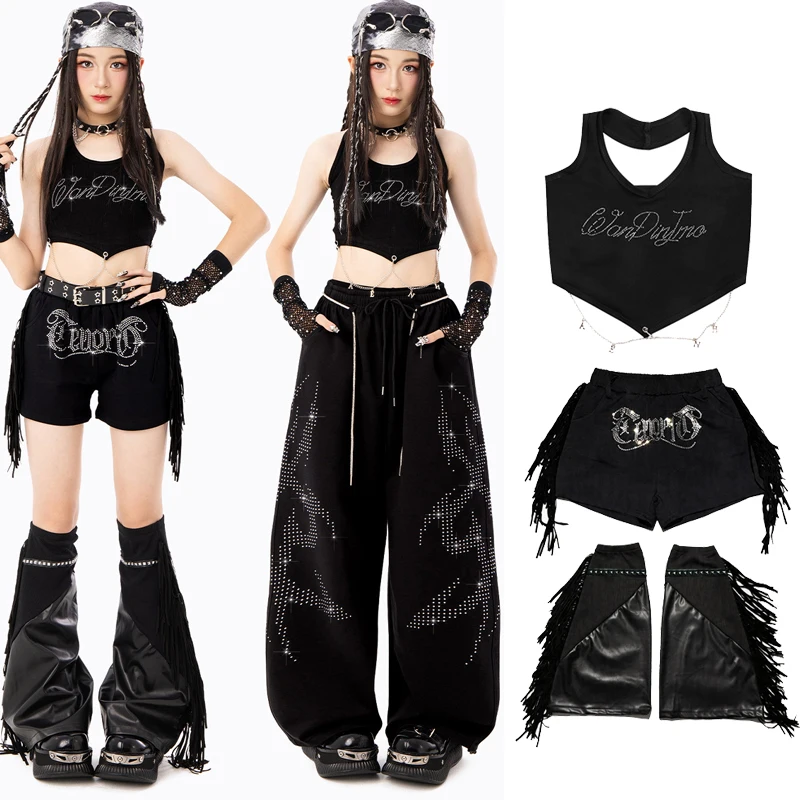 2026 Children Hip Hop Dance Costumes For Girls Black Vest Loose Pants Streetwear Fashion Show Jazz Performance Clothes XH5053