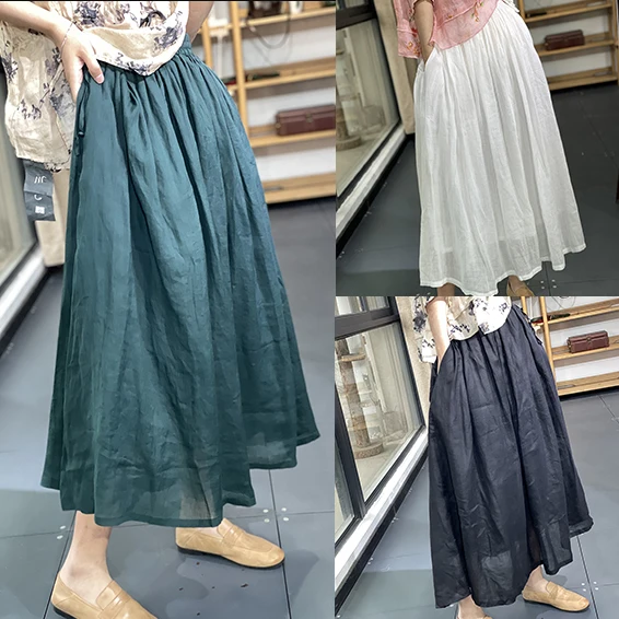 Japanese Sle Double Layer Linen A-Line Skirt High Waist Wide Hem Cotton Linen f Body Umbrella Skirt Simple Long Pure Color