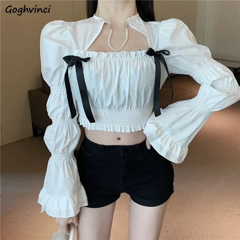 Blouses Women Streetwear Elegant Retro Solid Leisure Simple European Style Sweet Flare Sleeve Romantic Design Square Collar New