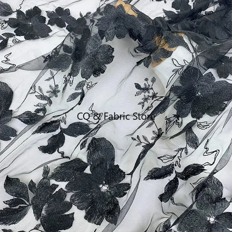 

Mesh Soft Black Big Flower Embroidered Lace Fabric For Clothing Skirt Wedding Dress Designer Fabric