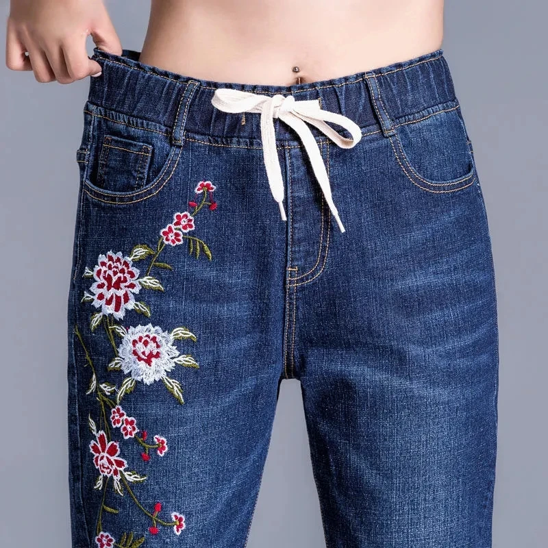 Lace Up Floral Embroidery Harem Jeans Women Streetwear Elastic High Waist Denim Pants Korean Vintage Casual Chic Kot Pantolon