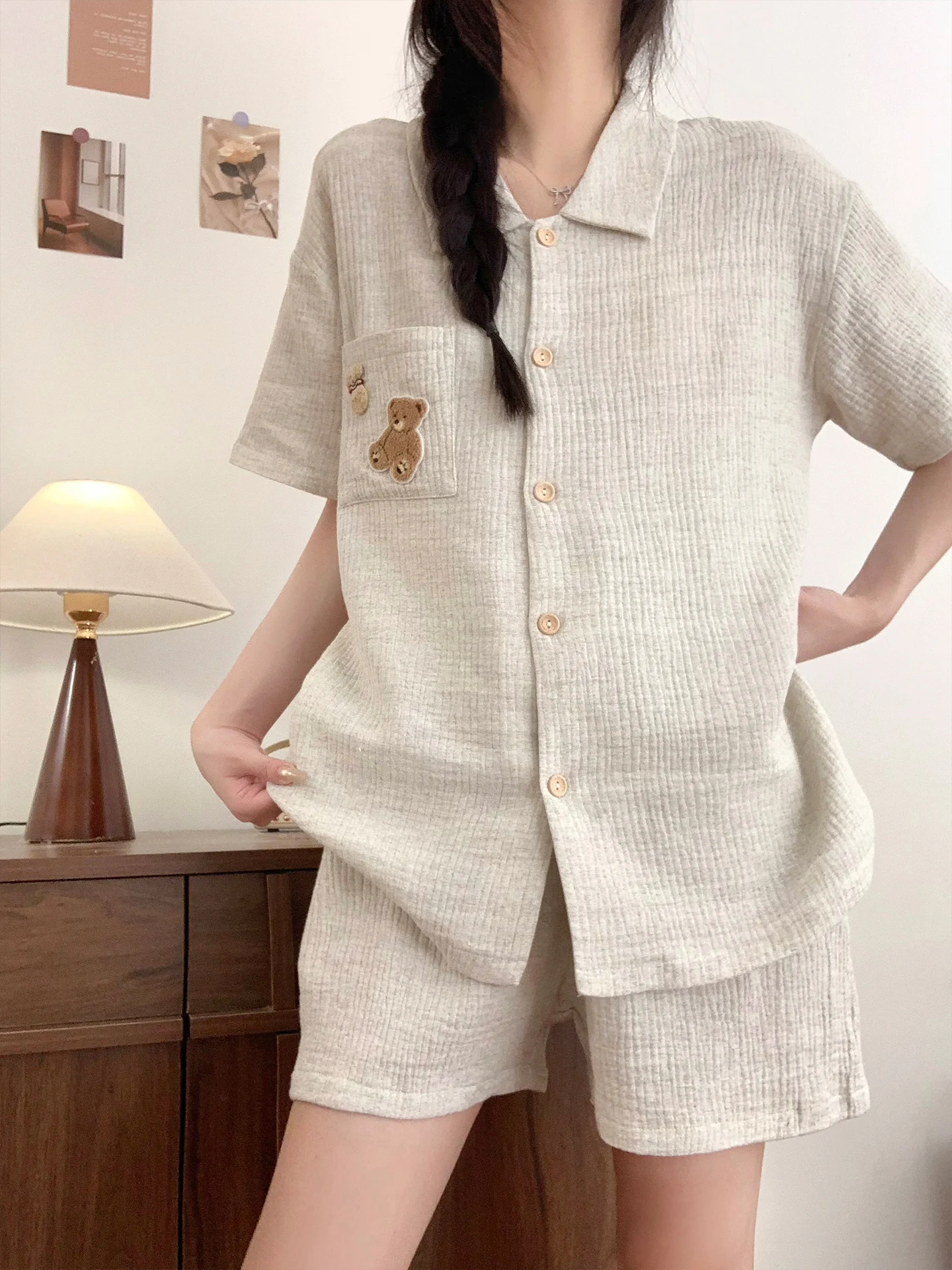 夏用薄手純綿半袖グレー綿糸刺繍スイートベアホームウェアセット女性用キュートな漫画スタイル