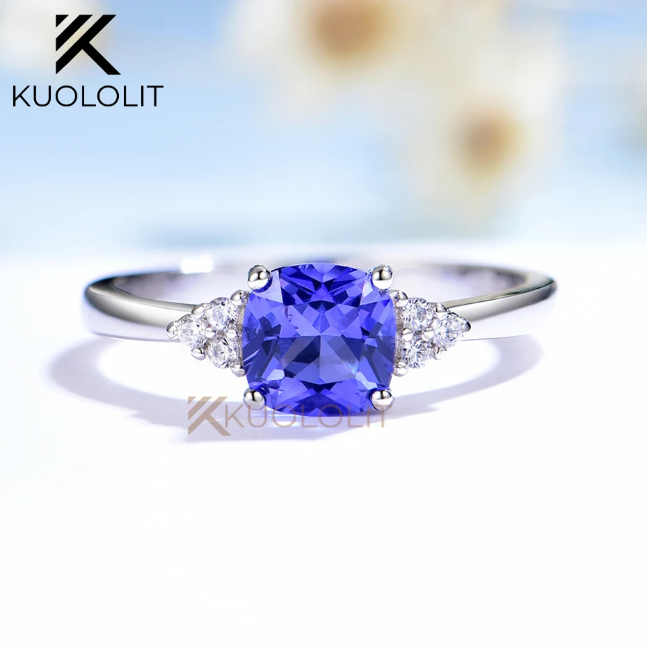 Kuololit Cushion Tanzanite Gemstone Ring for Women Girls Solid 925 Sterling Silver Jewelry Wedding Engagement Christmas Gifts