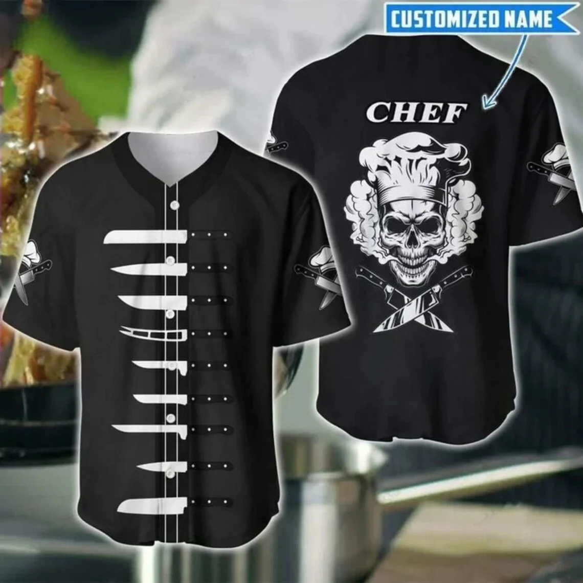 Chef Baseball Jersey Custom Name Button Up Shirt, Knife Pattern Cook Top, Chef Hat Graphic, Restaurant Kitchen Gift for Chefs view 2